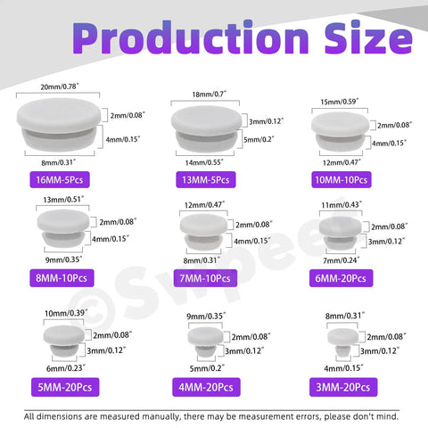 Go-To Grey Rubber Hole Plugs Set For Round Holes, 120 Piece Assortment In 9 Sizes diagram showing sizes from 0.12 In to 0.63 In