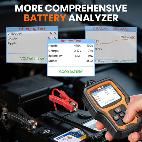 Hand showcasing Two In One OBD2 Car Diagnostic Scanner And Battery Tester with battery health and charging system data displayed