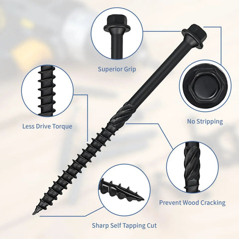 Heavy Duty Kickass 50 Pack 4 Inch Lag Screws Structural Wood Fasteners Hex Washer Head showcasing superior grip and sharp self-tapping cut.