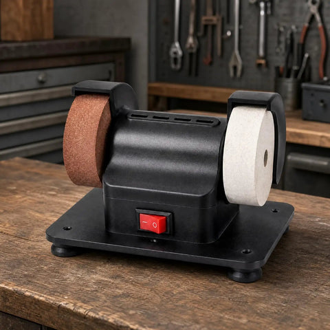 Top Shelf Twin Wheel Bench Grinder With Straightforward Rocker Switch Heavy Duty Electric Edger compact design with dual grinding wheels.