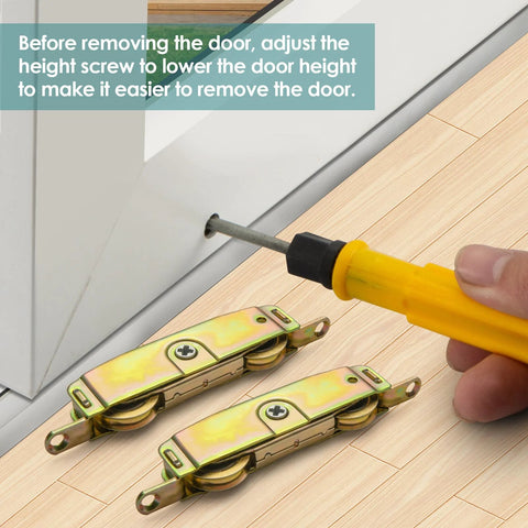 Heavy Duty Sliding Patio Door Roller Assembly With One And A Quarter Inch Steel Ball Bearing Side Adjustable Two Pack next to a door