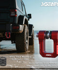 Red Three Quarter Inch D Ring Shackle With Seven Eighths Pin attached to SUV, displayed on beach, 68000 lbs break strength.