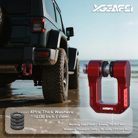 Red Three Quarter Inch D Ring Shackle With Seven Eighths Pin attached to SUV, displayed on beach, 68000 lbs break strength.