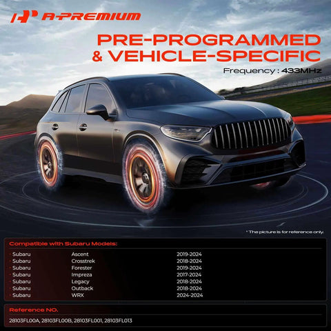 433 MHz Pre Programmed TPMS Sensor For Subaru Vehicles Front And Rear Fitment Ascent Crosstrek Forester Impreza Legacy Outback WRX 2024 Plug And Play Easy Install Tire Pressure Monitoring System Sensor, vehicle-specific 433MHz