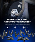 Beefy 14 Piece Jumbo Crowfoot Wrench Set With SAE Sizes From 1-1/16 Inch To 2 Inch For Flare Nut Removal Fits 1/2 Inch Drive Rachets And Extenders Blackened Cr-V Steel Crowfoot Wrenches With Carry Case close-up on flare nut