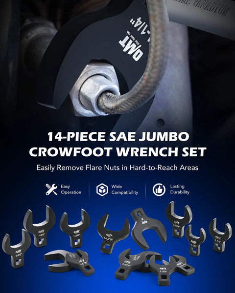 Beefy 14 Piece Jumbo Crowfoot Wrench Set With SAE Sizes From 1-1/16 Inch To 2 Inch For Flare Nut Removal Fits 1/2 Inch Drive Rachets And Extenders Blackened Cr-V Steel Crowfoot Wrenches With Carry Case close-up on flare nut