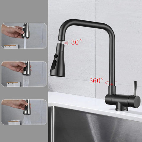 GAZOGJ Black Foldable Kitchen Mixer Tap - Modern 1 Hole Faucet with 3 Sprays & Rotating Spout, showing 180° foldable design.