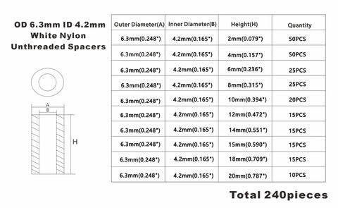 Diagram of White Nylon Unthreaded Clearance Spacers And Standoffs Kit With 6.3mm Outer Diameter And 4.2mm Inner Diameter, 240 pieces, lengths 2mm-20mm