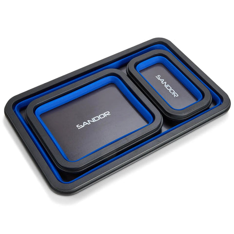 Magnetic Parts Tray Set With Three Collapsible Sizes For Mechanics, tool trays for screws bolts nuts washers pins, blue color.
