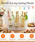 Massive 11.5L Ice Bucket Duo For Parties holding champagne bottles, made of clear thickened PET plastic, surrounded by party setup.