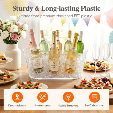 Massive 11.5L Ice Bucket Duo For Parties holding champagne bottles, made of clear thickened PET plastic, surrounded by party setup.