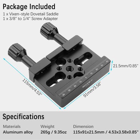 Vixen Style Dovetail Saddle Mount Base For Telescope with dual locking knobs and aluminum alloy material specifications