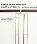 Garage FastTrack Vertical Ball Rack Wall Mount in Satin Nickel shown on FastTrack rail with bungee cords, holds 50 lbs
