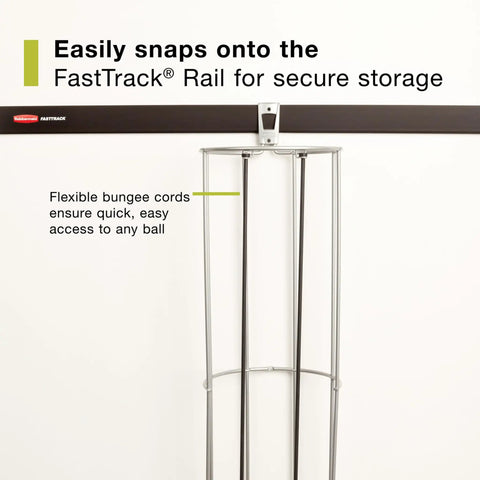 Garage FastTrack Vertical Ball Rack Wall Mount in Satin Nickel shown on FastTrack rail with bungee cords, holds 50 lbs