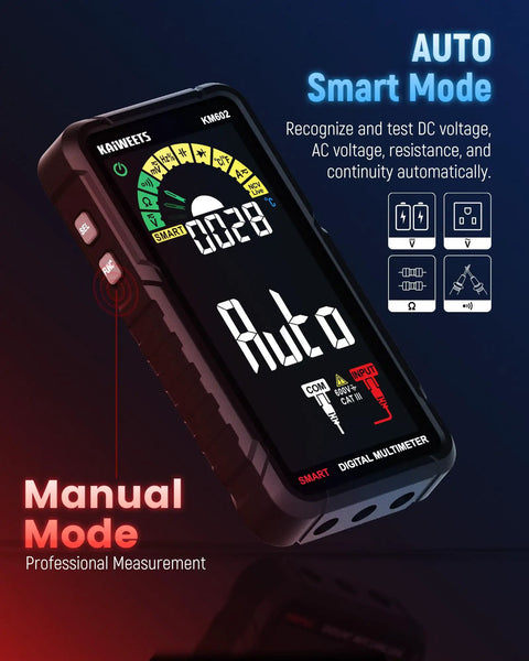 Rechargeable Digital Multimeter With Auto And Manual Range In Smart Auto Mode displaying auto mode on screen
