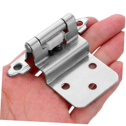 Self-closing inset cabinet hinge, stainless steel, four-hole mounting plate, close-up view