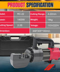 Heavy-Duty 7/8 Inch Electric Hydraulic Rebar Cutter Wielding A Roaring 1400W Pure Copper Motor For Blazing Fast Cuts Through #7 Steel In Just Three Seconds Portable And Tough For The Job with specifications chart