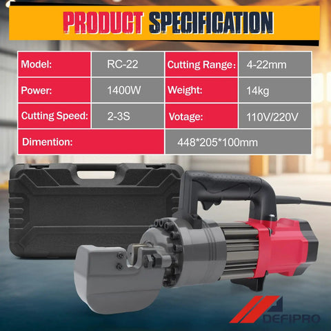 Heavy-Duty 7/8 Inch Electric Hydraulic Rebar Cutter Wielding A Roaring 1400W Pure Copper Motor For Blazing Fast Cuts Through #7 Steel In Just Three Seconds Portable And Tough For The Job with specifications chart