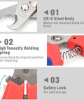Close-up view of Straight Up Killer Electrician Wire Cutter showing CR-V steel body, holding spring, and safety lock feature.