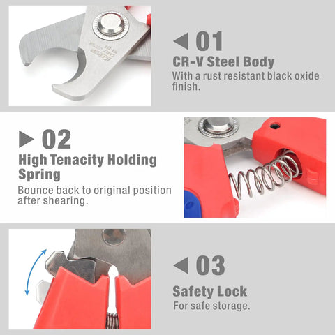 Close-up view of Straight Up Killer Electrician Wire Cutter showing CR-V steel body, holding spring, and safety lock feature.
