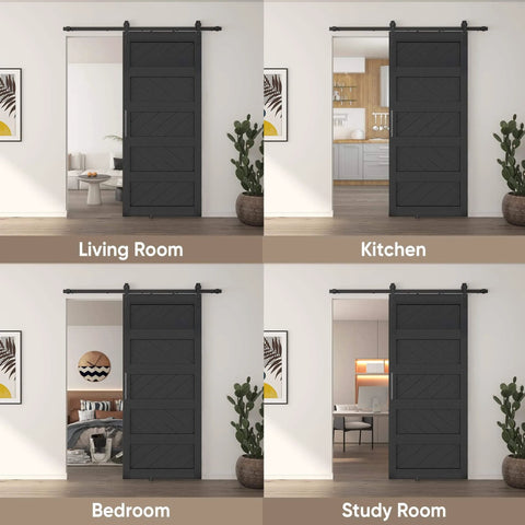 36 By 84 Inches Wave Shape Sliding Barn Door Kit With Hardware Included, Solid Wood Core With MDF And PVC Covered Surface, Black Finish