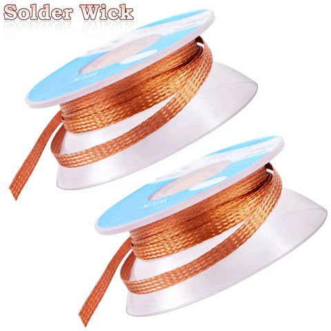 Two spools of No Clean Solder Wick 2 Pack Braided Copper Desoldering Wicks for DIY Electronics, each 0.1 inch width, 5 feet length