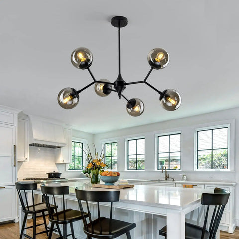 6 Light Rustic Vintage Chandelier With Glass Globes Black Mid Century Pendant Lighting For Dining Room Living Room Foyer Adjustable Height Ceiling Fixture That Pops above kitchen island