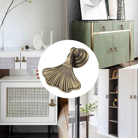 Ginkgo Leaf Knob Handles Six Pack Antique Brushed Bronze Pendant Pulls for cabinets and closets shown on furniture