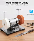 Compact 96W Brushless Benchtop Sander With Seven Speed Settings, showcasing two grinding wheels for versatile woodworking.
