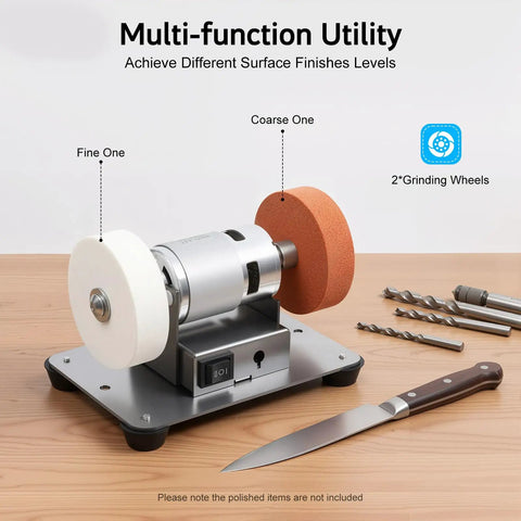 Knockout 3 In 1 Mini Belt Sander With Hella Precise 15 Degree Knife Sharpener and Rock Solid Electric Bench Grinder Plus 7 Adjustable Speed Buffer Polisher For Wood Metal Custom Projects And Workshop Gear with fine and coarse grinding wheels.