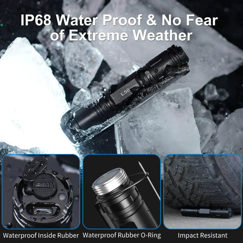 L50 Rechargeable Tactical Flashlight Beast Beam 1200 Lumens, IP68 Waterproof shown on ice, highlighting waterproof features