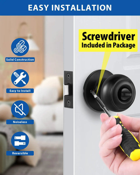 Installation of All Keyed Alike Entry Door Knob And Deadbolt Set For Front Door with screwdriver included, showing matte black finish.