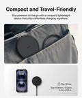 Fast Wireless Charging Pad 15W Qi Charger with Power Supply and Cable in pocket, with dimensions and phone comparison