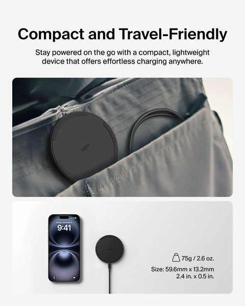 Fast Wireless Charging Pad 15W Qi Charger with Power Supply and Cable in pocket, with dimensions and phone comparison