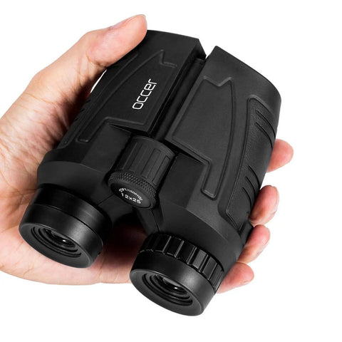 12x25 Compact Binoculars For Adults And Kids With Large Eyepieces, waterproof all weather, handheld showing grip size