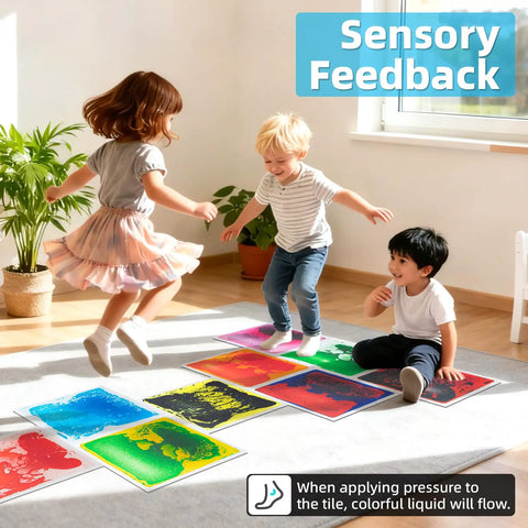 Children playing on Liquid Sensory Colorful Floor Tiles Pack Of 4 11.8 Inch Square Dance Floor Tiles That Move With Every Step