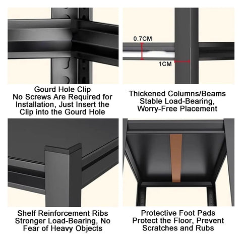 Heavy Duty 5 Tier Steel Shelving Unit With A Slick Boltless Setup and Flexible Shelf Configurations, showing gourd hole clip and thickened beams.