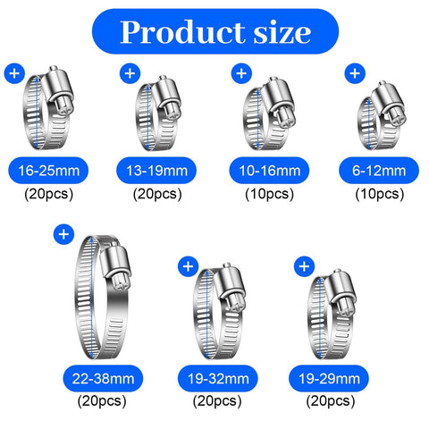 Ultimate 120 Piece Stainless Steel Hose Clamp Kit For Auto Home And Garage Use, reflecting various sizes from 6-38mm in image