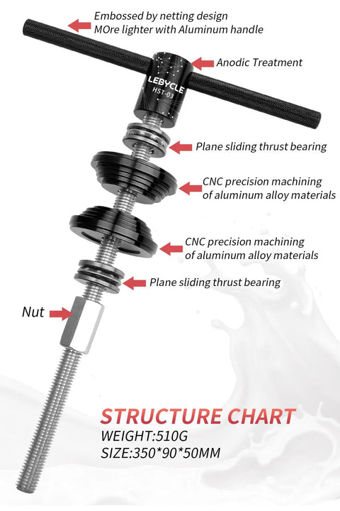 Heavy Duty Bike Headset Cup And Bottom Bracket Press Install Tool showing aluminum handles and strong M16 bolt construction