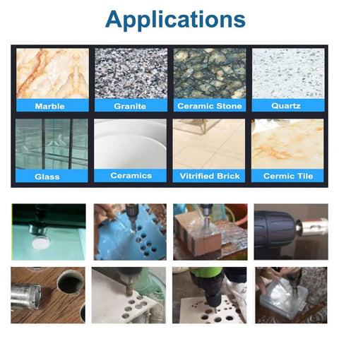 Applications of Diamond Drill Bit Set for Glass Marble Ceramic and Granite shown on various surfaces and projects