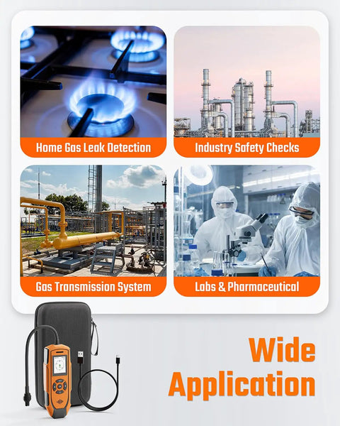 PT-990 Rechargeable Gas Leak Detector With 11 Inch Probe illustrating wide applications in various industries.
