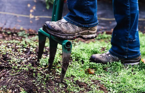 Person using Raised Bed Garden Fork With 9 Inch Tines For Small Plots, Lightweight Metal Broadfork, 8 Pound Manual Tool, aerating soil