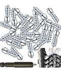 Rock Solid 100Pcs 12mm Carbide Tire Studs With Fast Fit Tool For Cars Trucks And Suvs on white background with driver side tire