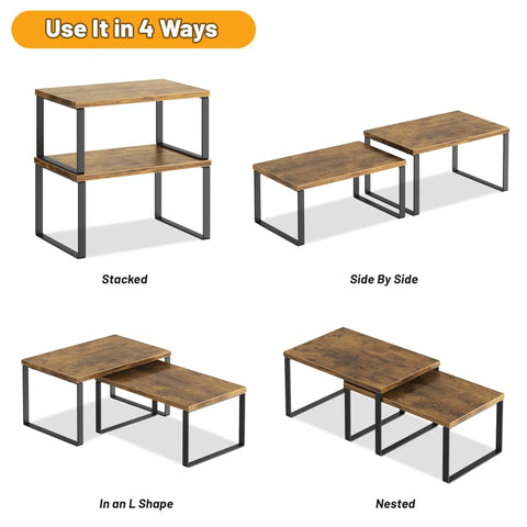 Stackable Kitchen Cabinet Organizer Shelf Set Of Four Rustic Brown Wood Counter Display Featuring Slick Metal Legs Total Pantry Spice Rack Gamechanger For Knockout Dish Mug Cup Storage Layout in four layout options.