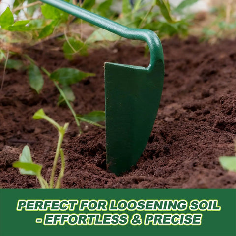 Japanese Weeding Sickle Garden Hoe with ergonomic rubber handle in use, loosening soil around plants in a garden.
