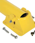Lockable Steel Fold Down Bollard Parking Barrier Rock Solid Safety Post Industrial Yard Defense Built Like A Tank With Bright Reflective Strips And No Nonsense Mounting Hardware close-up view of yellow steel base with locking mechanism and keys.