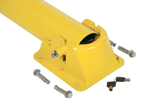 Lockable Steel Fold Down Bollard Parking Barrier Rock Solid Safety Post Industrial Yard Defense Built Like A Tank With Bright Reflective Strips And No Nonsense Mounting Hardware close-up view of yellow steel base with locking mechanism and keys.