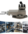 Universal AT300 Lathe Tool Post Assembly With 360 Degree Rotatable Tool Table, cast iron multi-tool holder shown in use.