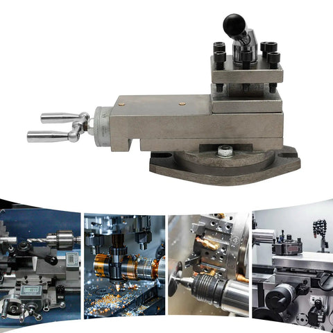 Universal AT300 Lathe Tool Post Assembly With 360 Degree Rotatable Tool Table, cast iron multi-tool holder shown in use.