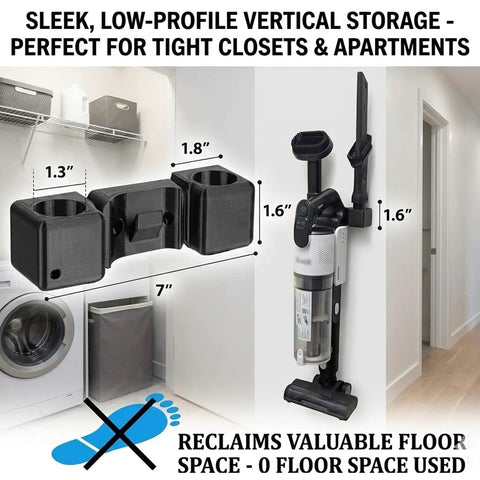 Wall Mount Docking Station For LVAC 200 Cordless Vacuum installed in laundry room, showcasing space-saving organization for tools.